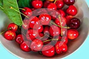 Glowy juicy cherries on white plate