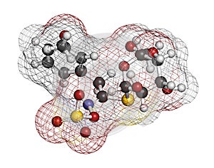 Glucolimnanthin herbal molecule. 3D rendering. Atoms are represented as spheres with conventional color coding: hydrogen (white),