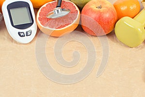 Glucometer for checking sugar level and fresh ripe fruits. Healthy lifestyle. Source minerals and vitamins. Place for text