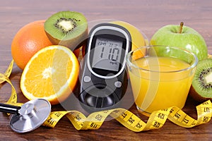 Glucometer for checking sugar level, stethoscope, fruits, juice and centimeter