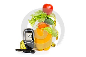 Glucometer. fresh fruits, concept for diabetes, slimming, healthy nutrition and strengthening immunity