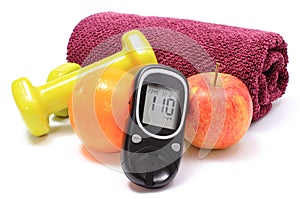 Glucometer, fresh fruits and dumbbells with purple towel
