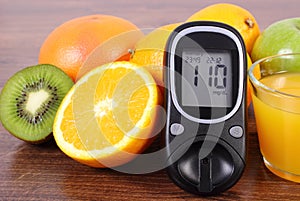 Glucometer, fresh fruits and juice, diabetes, healthy lifestyles and nutrition