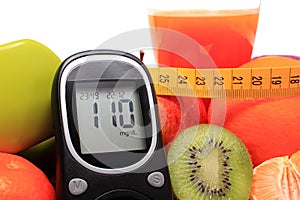 Glucometer, fruits, tape measure, juice and dumbbells