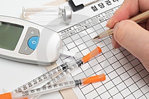 Glucometer and insulin syringe, lancing device tester strip. On white background photo