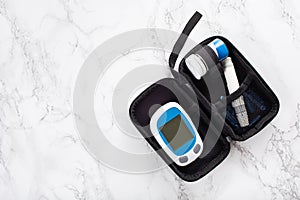 Glucometer ketometer lancet and strips for self-monitoring of blood glucose or ketones level. diabetes or keto diet