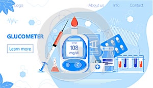 Glucometer for measuring sugar level of diabetics. Blood glucose testing meter, tiny doctors. Type 2 diabetes and