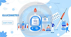 Glucometer for measuring sugar level of diabetics. Landing page with blood glucose testing meter, tiny doctors. Type 2 diabetes