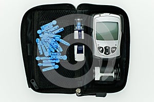 Glucometer and other supplies to check blood sugar.