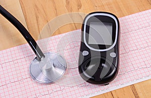 Glucometer and stethoscope on electrocardiogram graph