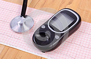 Glucometer and stethoscope on electrocardiogram graph