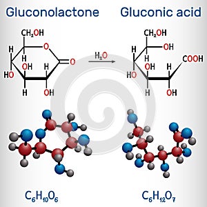 Glucono-delta-lactone (gluconolactone, GDL) and gluconic acid molecule. It is PHA, polyhydroxy acids. Structural