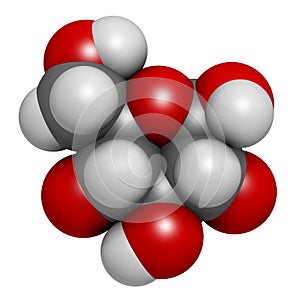 Glucose (D-glucose, dextrose) grape sugar molecule. Atoms are represented as spheres with conventional color coding: hydrogen (