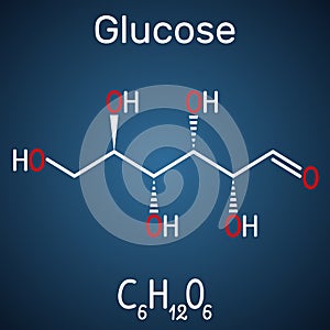 Glucose dextrose, D-glucose molecule. Linear form. Structural chemical formula on the dark blue background