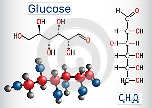 Glucose dextrose, D-glucose molecule. Linear form. Structural chemical formula and molecule model