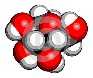 Glucose dextrose, grape sugar molecule beta-D-glucopyranose form. 3D rendering. Atoms are represented as spheres with.