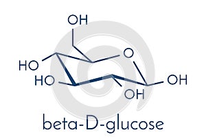 Glucose dextrose, grape sugar molecule beta-D-glucopyranose form. Skeletal formula.