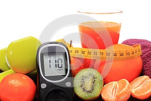 Glucose meter, fruits, tape measure, juice and dumbbells