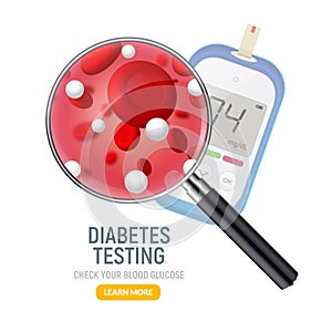 Glucose sugar test. Glucometer vector blood monitor. Diabetes sugar meter insulin control device illustration