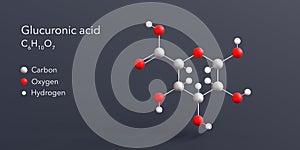 glucuronic acid molecule 3d rendering, flat molecular structure with chemical formula and atoms color coding