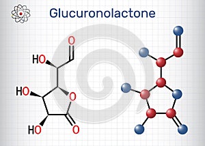 Glucuronolactone molecule. It is naturally occurring substance, used in energy drinks. Structural chemical formula and molecule