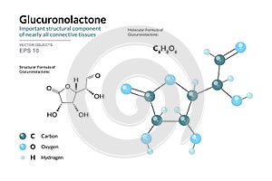 Glucuronolactone. Structural Component of Connective Tissues. Structural Chemical Formula and Molecule 3d Model. C6H8O6