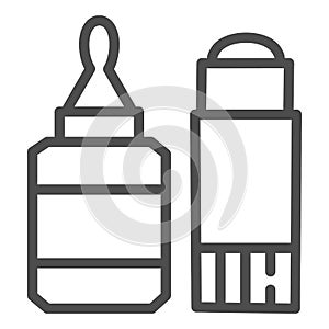 Glue bottle and stick line icon, stationery concept, gluing tools sign on white background, Bottle and sticky tube with