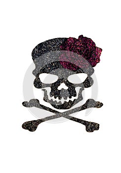 Glue and diamond dust paint be rose and crossbones on black fabric