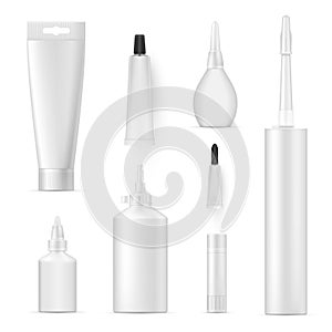 Glue packaging assortment white realistic mockups. Adhesive  mucilage or paste containers