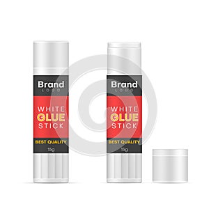 Glue sticks with open and closed lids  adhesive realistic mockups set. Ready design for you brand