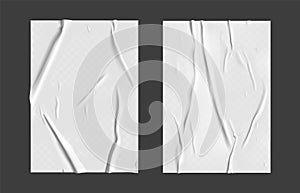 Glued paper set with wet transparent wrinkled effect on gray background. White wet paper poster template set with crumpled texture