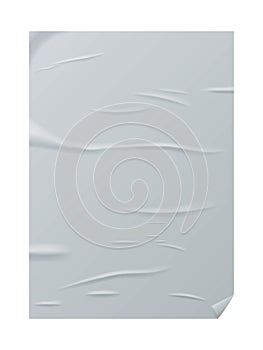 Glued paper sheet isolated on white background. Vector realistic crumpled poster. Wet greased wrinkles blank template