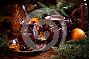 gluhwein served in traditional ceramic mugs