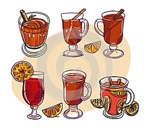 Gluhwein. Vector illustration. Holidays cocktail. Mulled wine spices. Glass of drink. Cartoon style