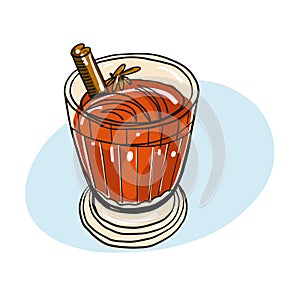 Gluhwein. Vector illustration. Holidays cocktail. Mulled wine spices. Glass of drink. Isolated on white background