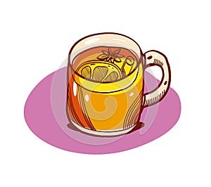 Gluhwein. Vector illustration. Holidays cocktail. Mulled wine spices. Glass of drink. Isolated on white background
