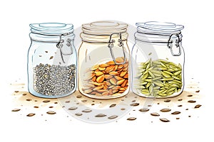 a glut of seeds including flax, chia and pumpkin seeds displayed in three glass jars