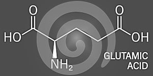 Glutamic acid or l-glutamic acid, Glu, E, amino acid and neurotransmitter molecule. Skeletal formula.