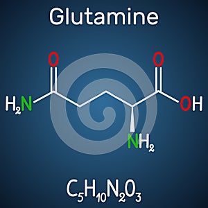 Glutamine Gln , Q amino acid molecule. Structural chemical formula on the dark blue background