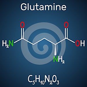 Glutamine Gln , Q amino acid molecule. Structural chemical formula on the dark blue background photo