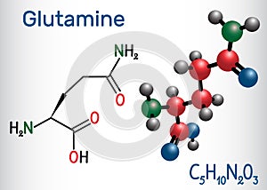 Glutamine Gln , Q amino acid molecule. Structural chemical formula and molecule model photo