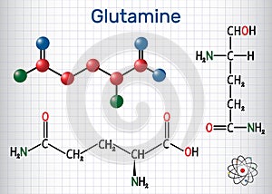 Glutamine Gln , Q amino acid molecule. Structural chemical formula and molecule model. Sheet of paper in a cage