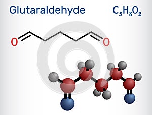 Glutaraldehyde, glutaral molecule. Structural chemical formula, molecule model.
