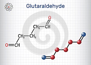 Glutaraldehyde, glutaral molecule. Structural chemical formula, molecule model. Sheet of paper in a cage
