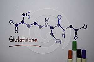 Glutathione. Important in plants and animals molecule write on the white board. Structural chemical formula. Education concept photo