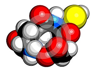 Glutathione oxidized glutathione, GSSG molecule. 3D rendering. Atoms are represented as spheres with conventional color coding:.