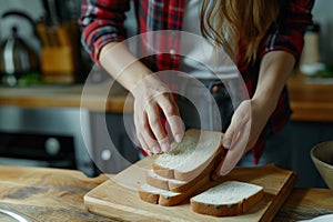 Gluten allergy, woman hand holding bread slice, looking at bread slice at home. Gluten intolerant