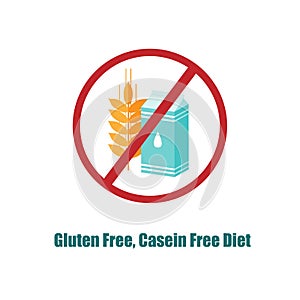 Gluten and Casein free icon. Crosed sign with pack of milk and wheat ear.