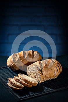 Gluten free bread on a  blue bricks background