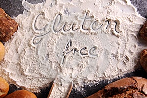 gluten free breads, glutenfree word written and bread rolls on g